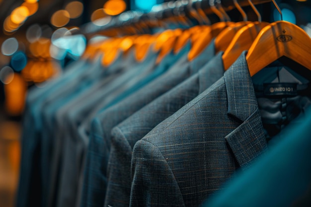 Photo formal male blazers hanging on rack in fashion boutique with blurred background