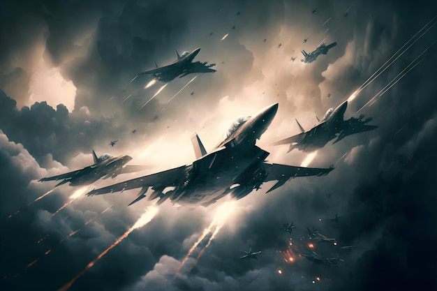 Formation of destroyer jets float in sky during aviation battle Neural network generated art