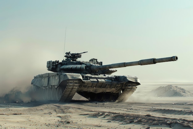 A formidable battle tank kicks up dust while thundering across the desert