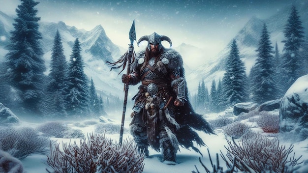 Formidable Norse Warrior SnowCovered Alpine Landscape Mythical Attire Snowfall