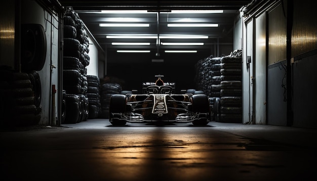 Formula 1 Bolide in a dark garage