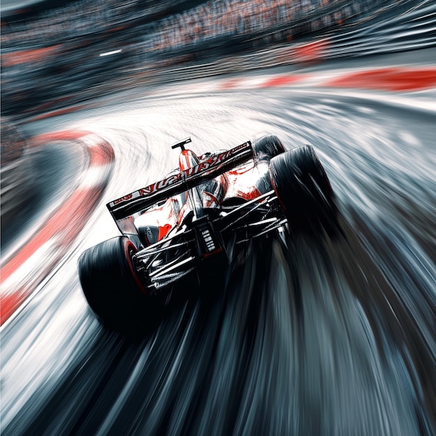 A Formula 1 car drifting around a hairpin turn with motion blur effects