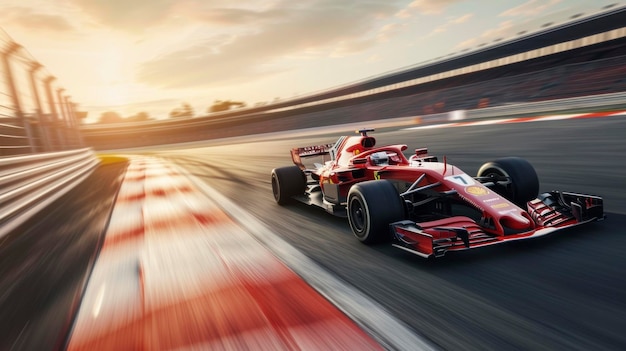 formula 1 car at high speed on a speed track in a race competition in a beautiful sunset in high resolution and quality