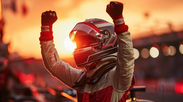 Photo formula 1 driver celebrates victory at sunset with raised arms in triumph