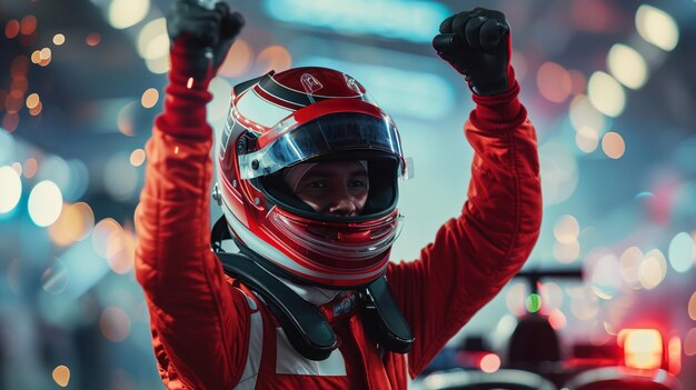 Photo formula 1 driver celebrates victory with fist pump at nighttime circuit