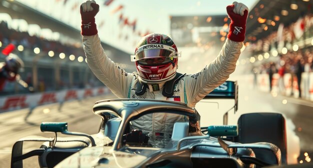 Photo formula 1 driver rising hand for celebrate victory