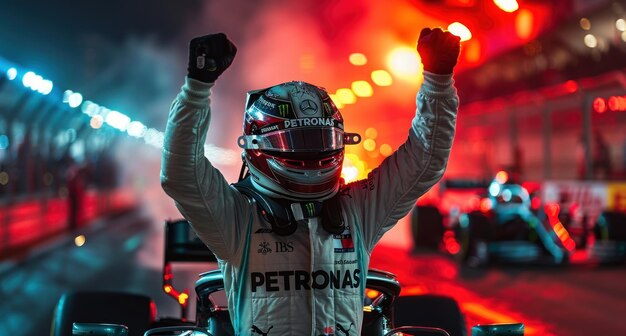 Photo formula 1 driver rising hand for celebrate victory