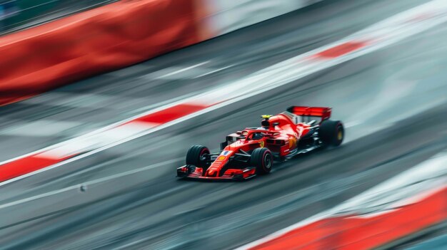 Formula 1 racing car speeding on a grand prix track extreme velocity intense motion blur of passing scenery