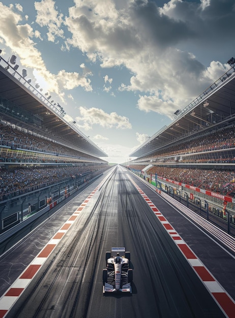 Formula One car racing down a track with grandstands full of spectators