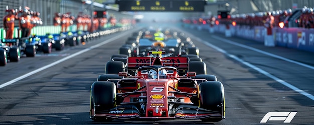 formula one cars prepare to start the race front view high angle camera