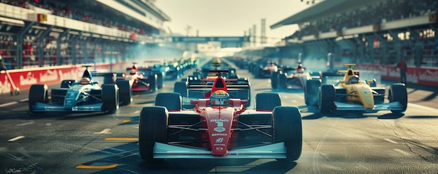 formula one cars prepare to start the race front view high angle camera