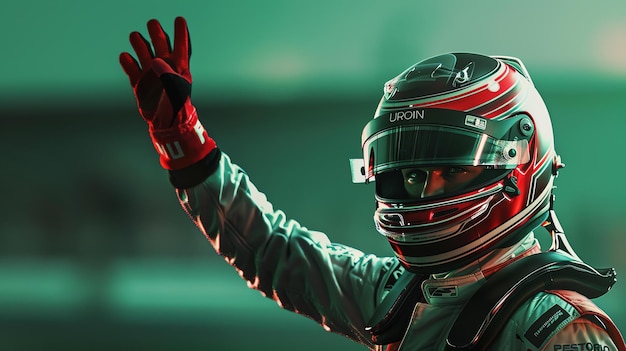 A Formula One race car driver celebrates his victory by waving to the crowd He is wearing a red and white helmet and a red glove