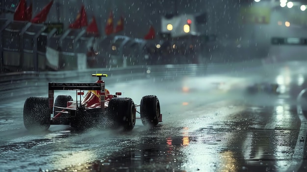 A Formula One race car speeds through the rain on a city street