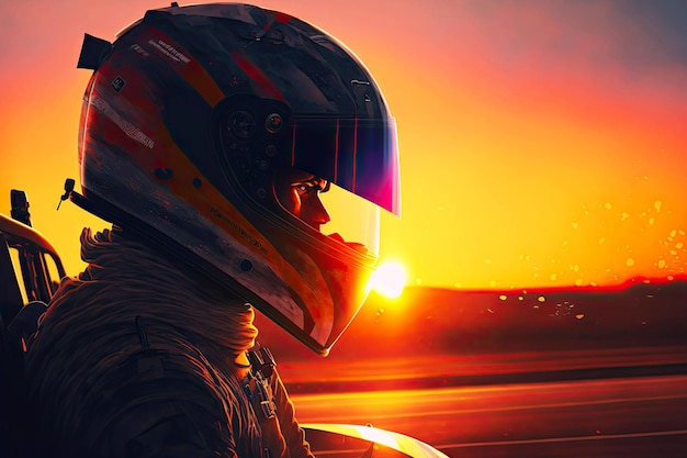 Formula One Racing driver wearing sturdy protective helmet against sunset generative ai