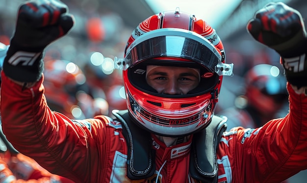 Formula one racing team driver cheering celebrating victory on sports track