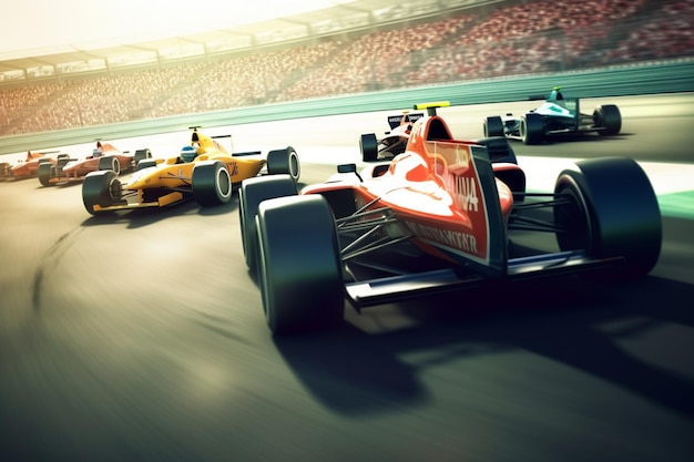 Formula one type racing cars speeding down around a bend in the track in front of a stadium