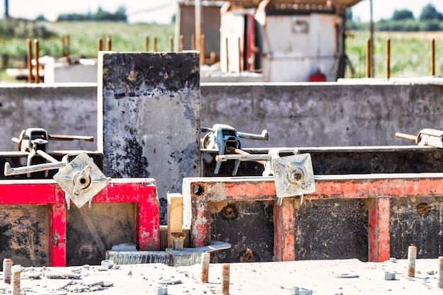 Formwork for pouring the second floor of a monolithic building Reinforcement of walls and ceiling Monolithic work during the construction of a building closeup Construction technologies