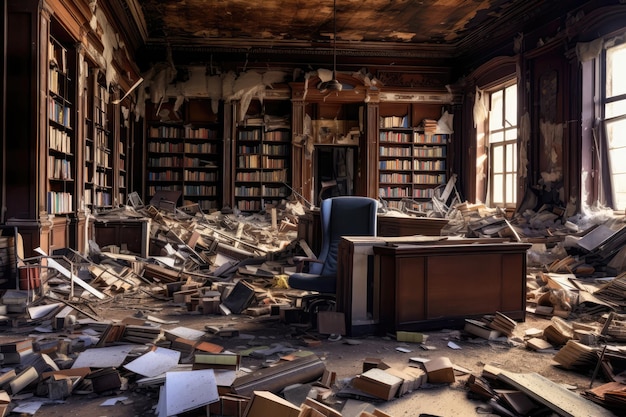 Forsaken Vandalized Library With Torn Books Strewn Around Generative AI