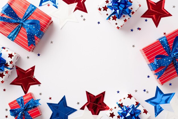 Forth of July celebration concept Top view photo of gift boxes in national flag colors star garland and confetti on isolated white background with copyspace in the middle