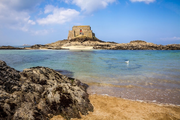 Fortified castel Fort du Petit Be beach and sea SaintMalo city Brittany France