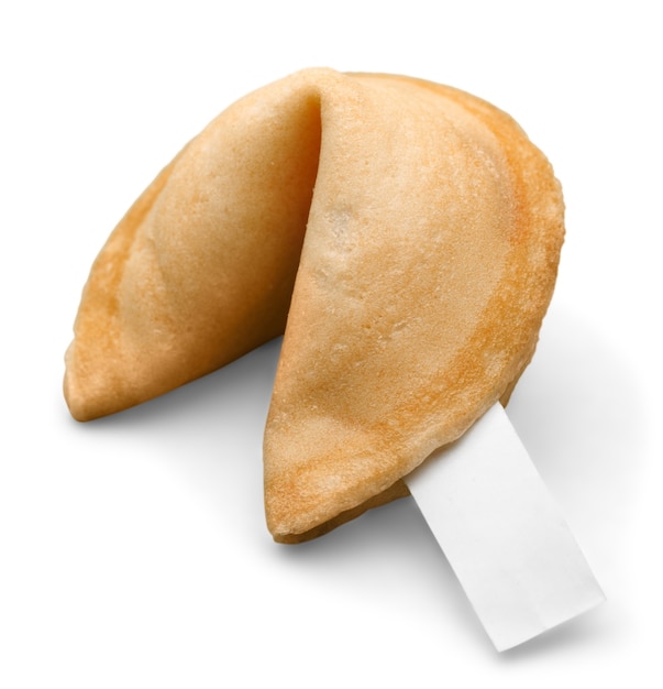 Fortune cookie with blank slip isolated on white background.