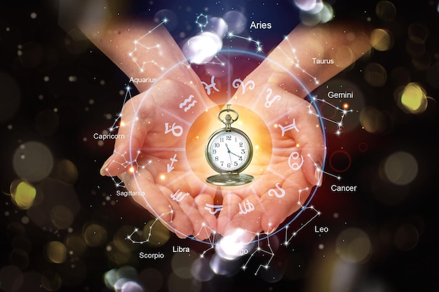 The fortune teller holds a watch with zodiac circle