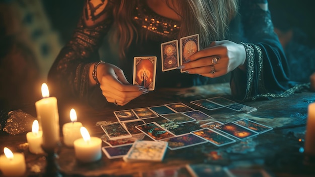 A fortune teller reading tarot cards by candlelight at a mystical table adorned with various tarot spreads