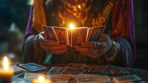 A fortune teller reads tarot cards by candlelight in a mystical setting during the evening