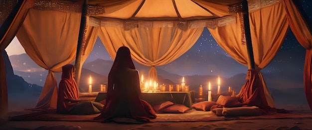 A fortune tellers tent with mysterious drapes and glowing candles