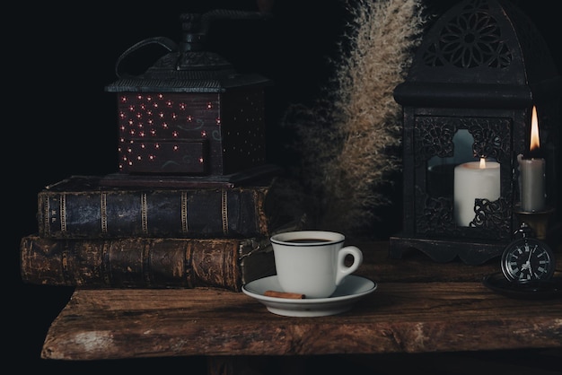 Fortune telling on coffee grounds by candlelight.