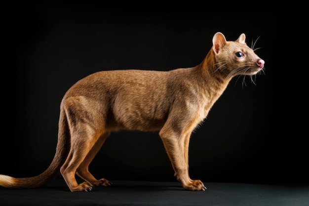 A fossa on a black background showcasing its sleek and agile form