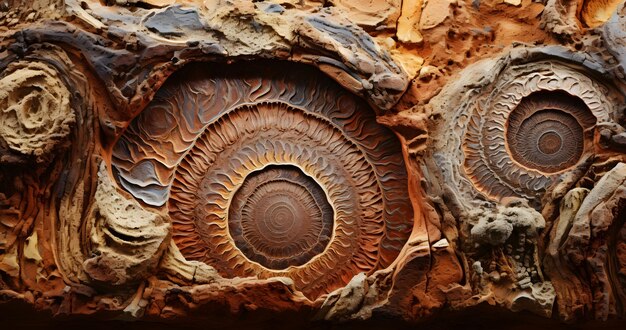 Fossilized ammonite sea shell spirals embedded into rustic brown red desert sandstone rock Ancient prehistoric layered and ridged stone texture with detailed surface patterns