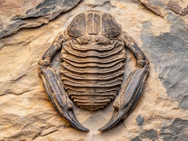 Fossilized trilobite with detailed segments preserved in a rock slab