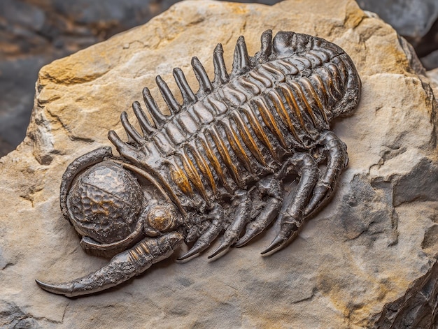 Fossilized trilobite with detailed thorax and tail displayed on a rock slab