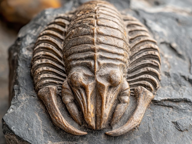 Fossilized trilobite with distinct head and body segments preserved in stone