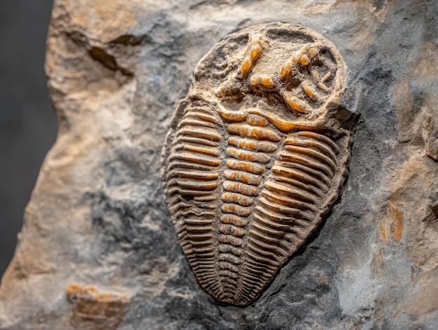 Fossilized trilobite with segmented body perfectly preserved in stone