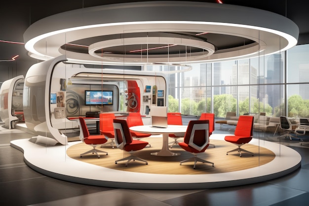 Foster innovation with a circular meeting table modern office pod chairs and interactive digital whiteboards in this cuttingedge office design ar 32 v 52 Job ID 02a091b1335d405797cac6524f7cf204