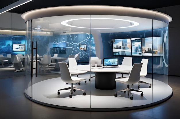 Foster innovation with a circular meeting table modern office pod chairs and interactive digital whiteboards in this cuttingedge office design ar 32 v 52 Job ID 02a091b1335d405797cac6524f7cf204