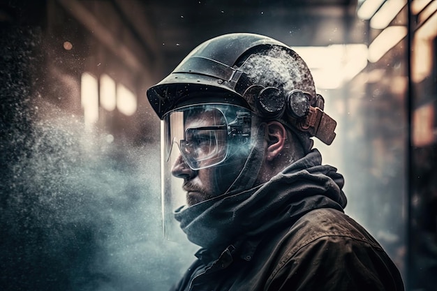 Foundry industry worker with welding mask on double exposure