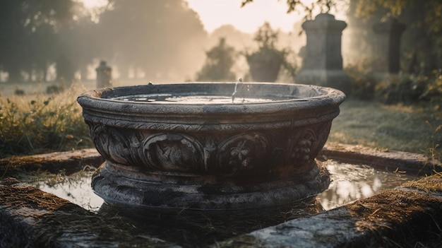 A fountain in a cemetery with the sun shining on it.