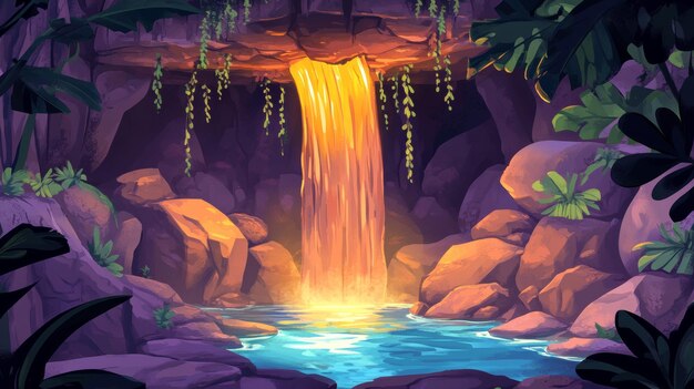 Photo fountain inside a cave cartoon landscape view