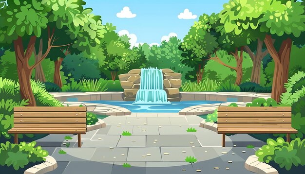 Photo fountain in the park with bench cartoon style vector illustration