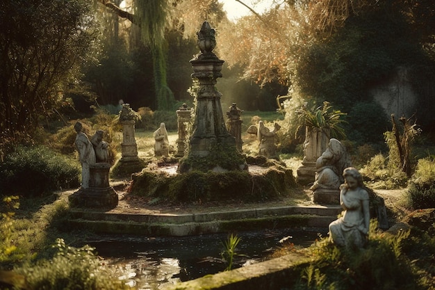 A fountain in a park with a statue in the middle of it.