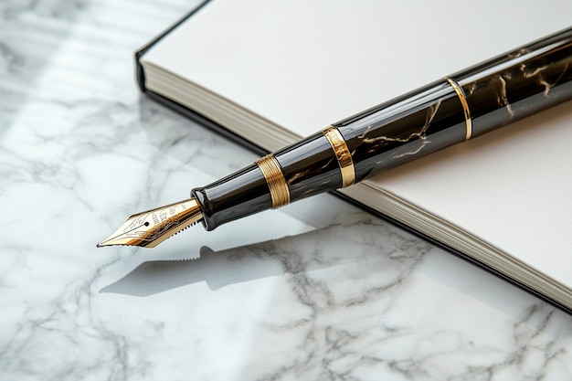 Photo a fountain pen is laying on a marble table