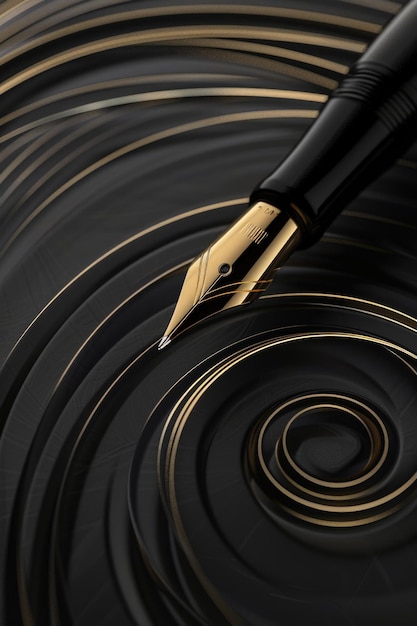 Photo fountain pen placed on elegant black and gold swirl background perfect for business or luxury concepts