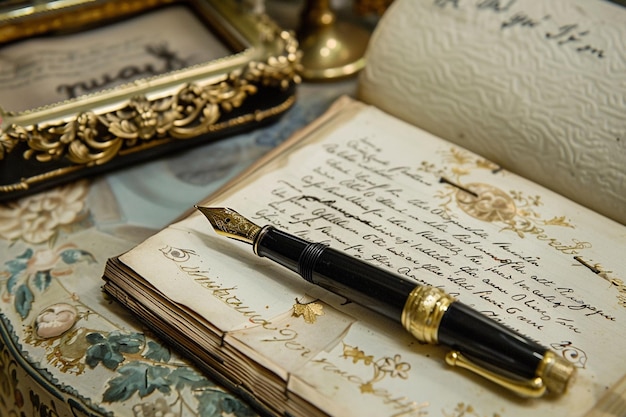 a fountain pen sits on a table with a fountain pen in it