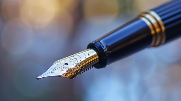 A fountain pen with a gold nib The pen is black and gold The nib is made of gold and has a beautiful design The pen is held in a hand