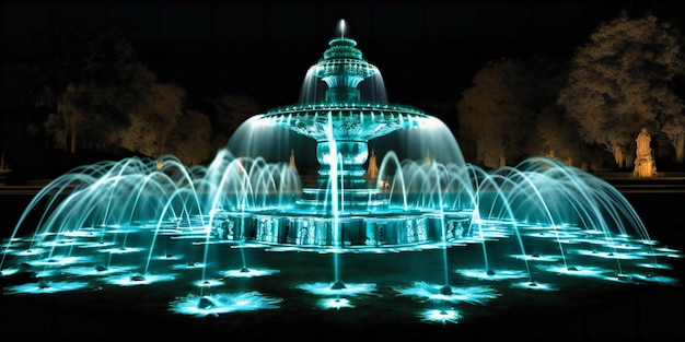 A fountain showing water with lights at night in a par