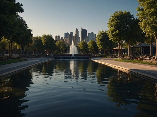 Photo a fountain with a city skyline in the background