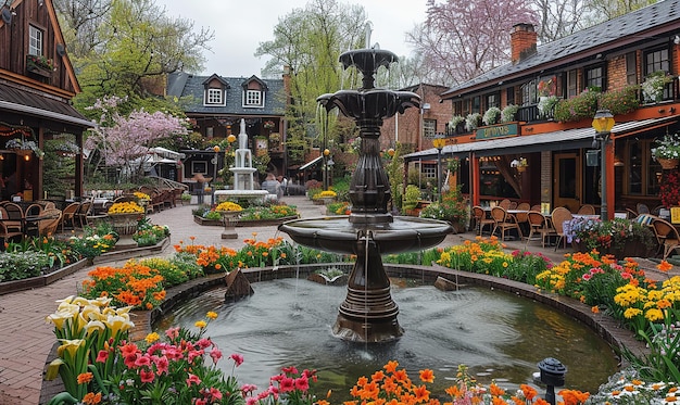 a fountain with flowers and a house with a house in the background